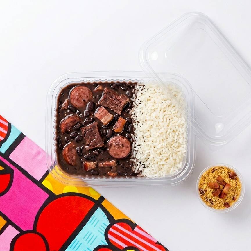 A feijoada que é um verdadeiro evento (e que dá aquela soneca merecida pós-almoço). Feijoada servida no pote retangular de 400ml, acompanha arroz em pote de 150ml, farofa no pote de 30ml e couve.