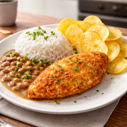 Filé de peito de frango a milanesa, Arroz branco, feijão e batata chips
