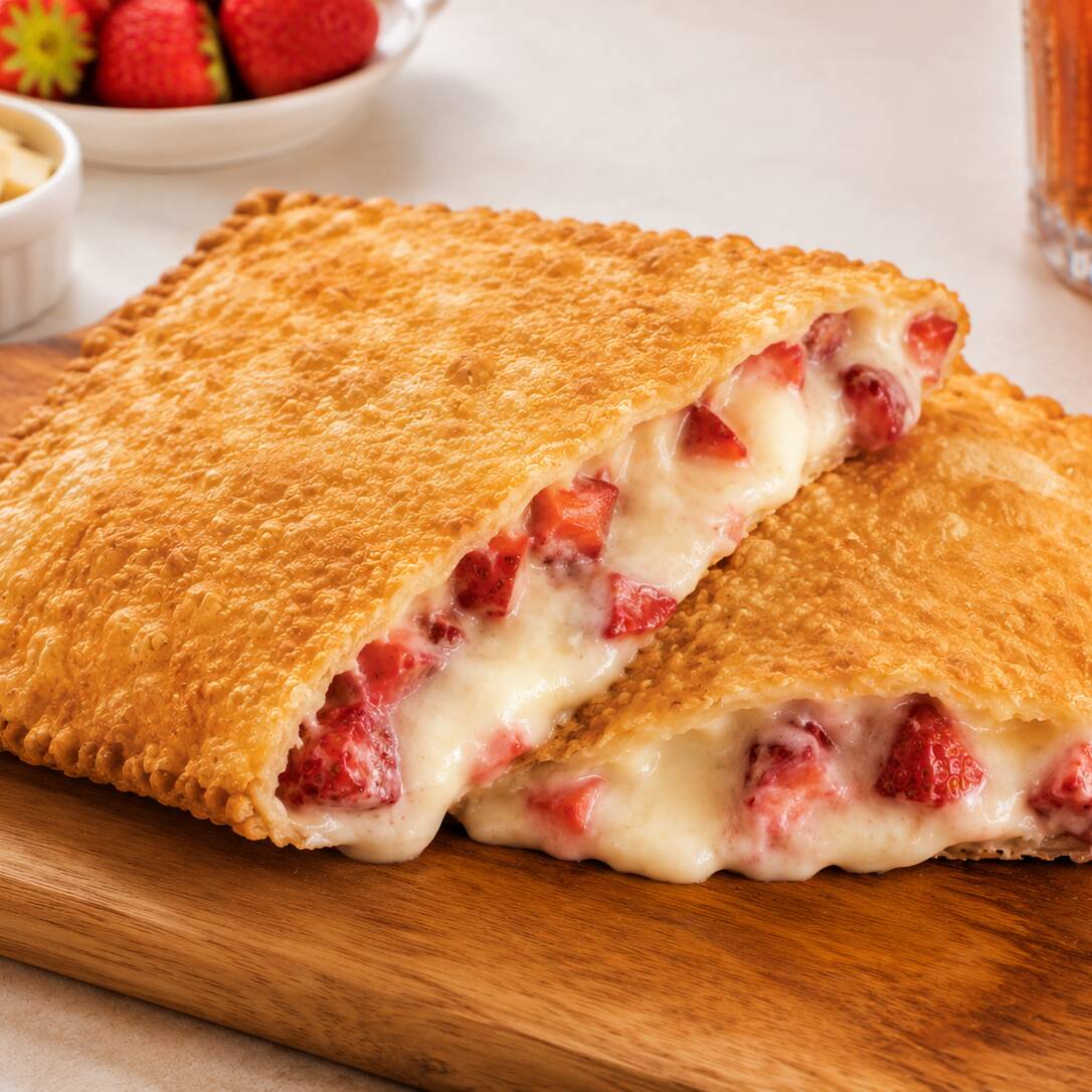 Pastel doce de 21 cm com chocolate branco cremoso e morango, envolvido em uma massa crocante feita na hora. Uma sobremesa rápida, bonita e irresistível para quem quer um docinho especial.