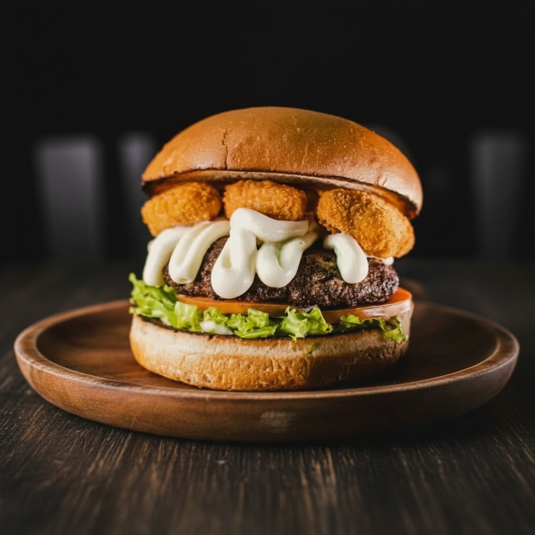 Pão brioche amanteigado ,um delicioso e suculento brend 90g,uma delíciosa porção de nuggts,queijo mussarela,molho cheddar, verduras bem fresquinhas com a cebola caramelizada no shoyu e um delicioso molho especial