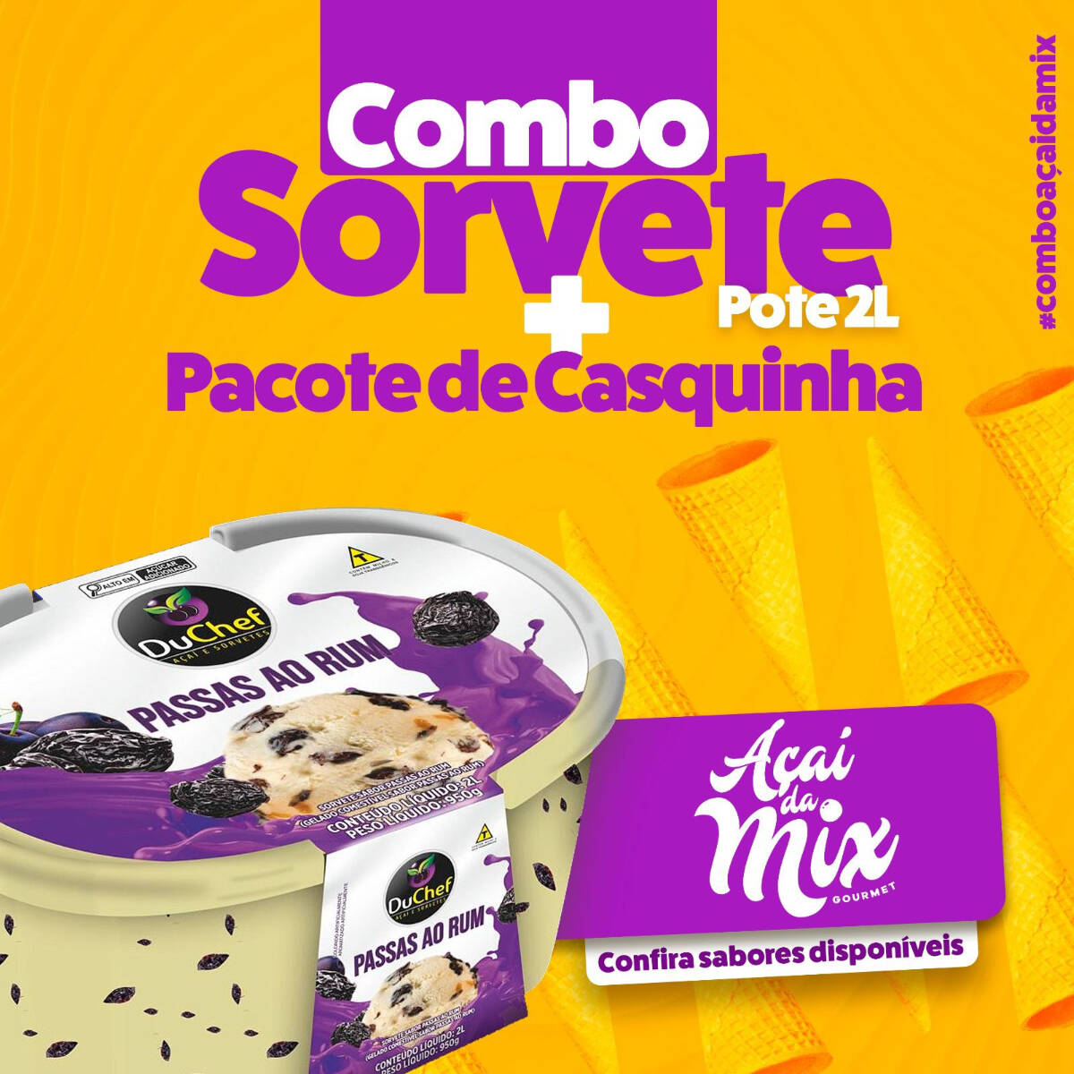 Combo pra acabar com esse calor! Escolha seu sorvete preferido de 2l + 20 casquinhas crocantes e garanta a sobremesa! Serve 4 pessoas