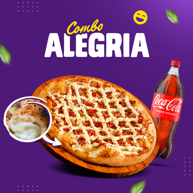Delicie-se com o nosso 'Combo Alegria', uma oferta irresistível na categoria de 'Promoções'. Este combo inclui uma pizza grande de 35 cm de diâmetro, fatiada em 8 pedaços generosos, podendo ser escolhida entre os sabores tradicionais ou especiais. Para tornar a experiência ainda mais saborosa, a pizza vem com uma borda recheada à sua escolha, podendo ser de Catupiry ou cheddar, proporcionando uma explosão de sabor. Para completar, o combo ainda inclui uma refrescante bebida de 2 litros à sua escolha entre Guarana, Sprite, Fanta ou Coca Cola. Atenção: Não serão aceitos pedidos com solicitação de ingredientes adicionais.