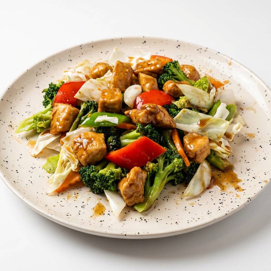 Pedaços de frango com brócolis, cenoura e pimentão ao molho de soja