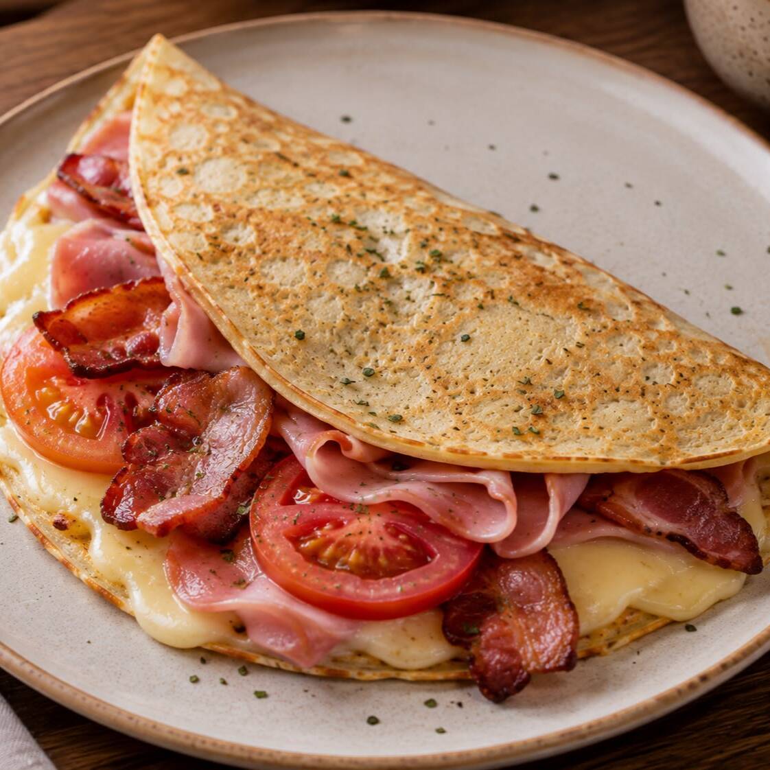 Crepa de Queso, Jamon, Tocino y Tomate