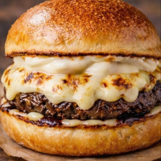 Xcatupiry: pão de leite selado na maionese artesanal, Hambúrguer artesanal, mussarela gratinada e catupiry.