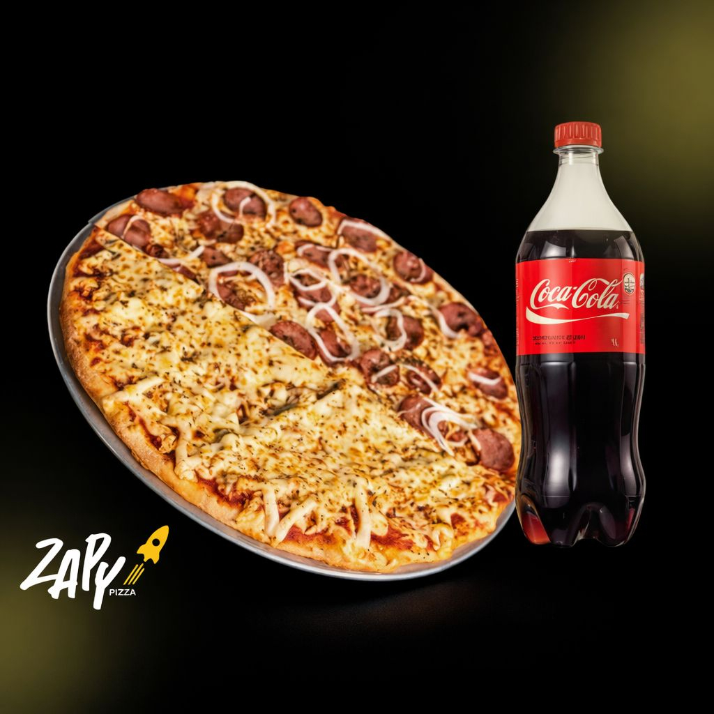 Seu sabor favorito está aqui! Escolha e curta esse super combo! Uma pizza meio a meio e uma Coca-Cola de 1 L grátis.