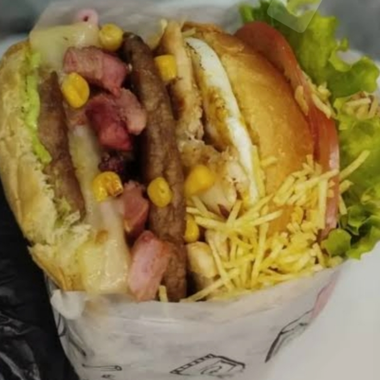 Pão de hambúrguer,2 carne bovina,2ovos,bacon, calabresa,2, presunto, 2 mussarela,alface, tomate,milho, batata palha, molho da casa