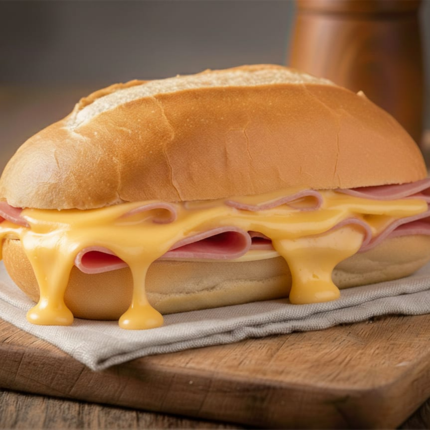 Pão com 2 fatias de queijo prato e 2 fatias de presunto.