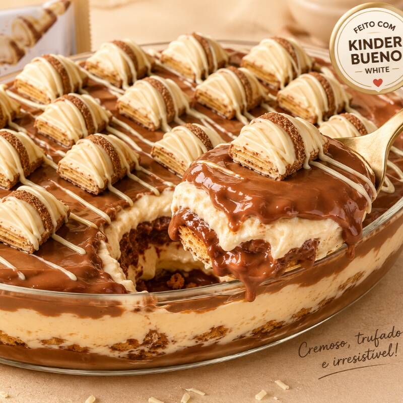 Travessa ultra cremosa com creme especial, creme de avelã e muito Kinder Bueno White. Geladinha, intensa e simplesmente viciante.