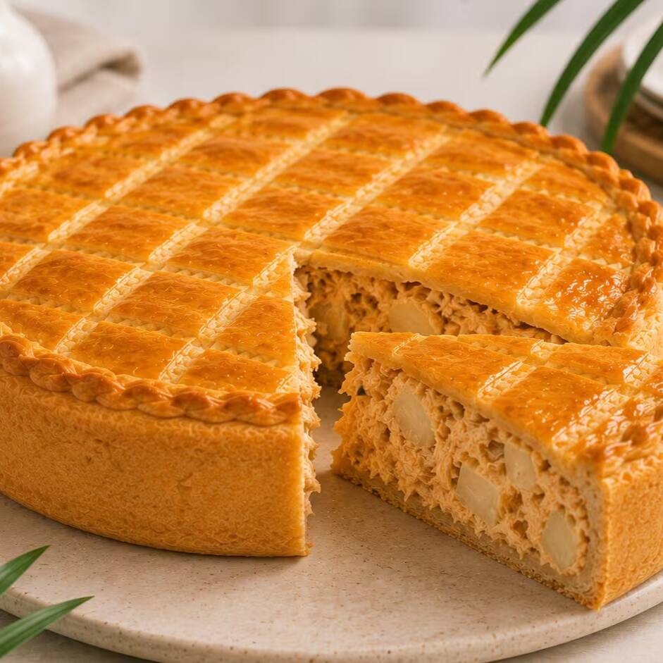 A tradicional Torta Havanna, preparada com massa leve e um delicioso recheio de palmito, cremoso e cheio de sabor. Uma opção perfeita para compartilhar e tornar qualquer momento ainda mais especial