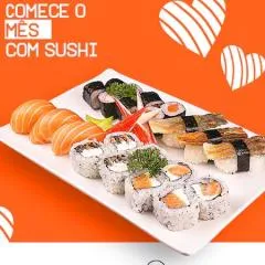 4 uramaki filadélfia, 4 skin filadélfia, 3 niguiri salmão, 3 niguiri skin, 4 shake e 4 kani