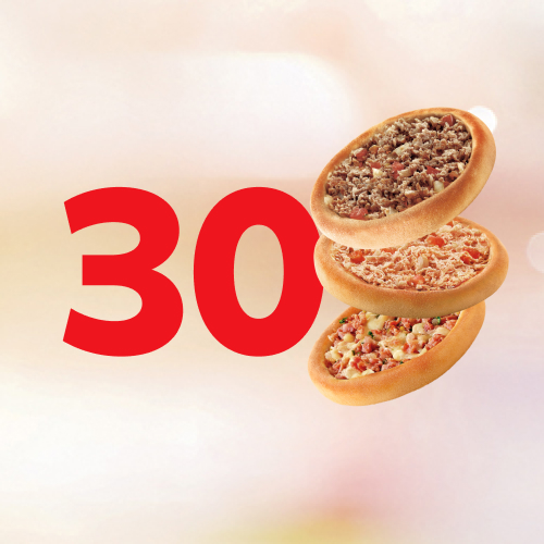 Elas são tão saborosas que não dá para comer só uma! Vem pedir 30 Esfihas Clássicas: Carne, Frango ou Calabresa com Mussarela. Delícia!