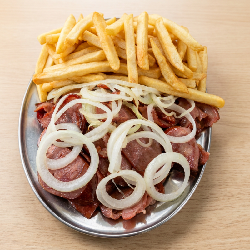 Calabresa acebolada com fritas no capricho.