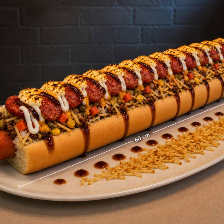 Pao,salsicha,carne moida, calabresa,cheddar,Catupiry,cebola,tomate,milho,cenoura,ervilha,batata palha,pure,queijo maçaricado, barbecue, maionese (caseira)