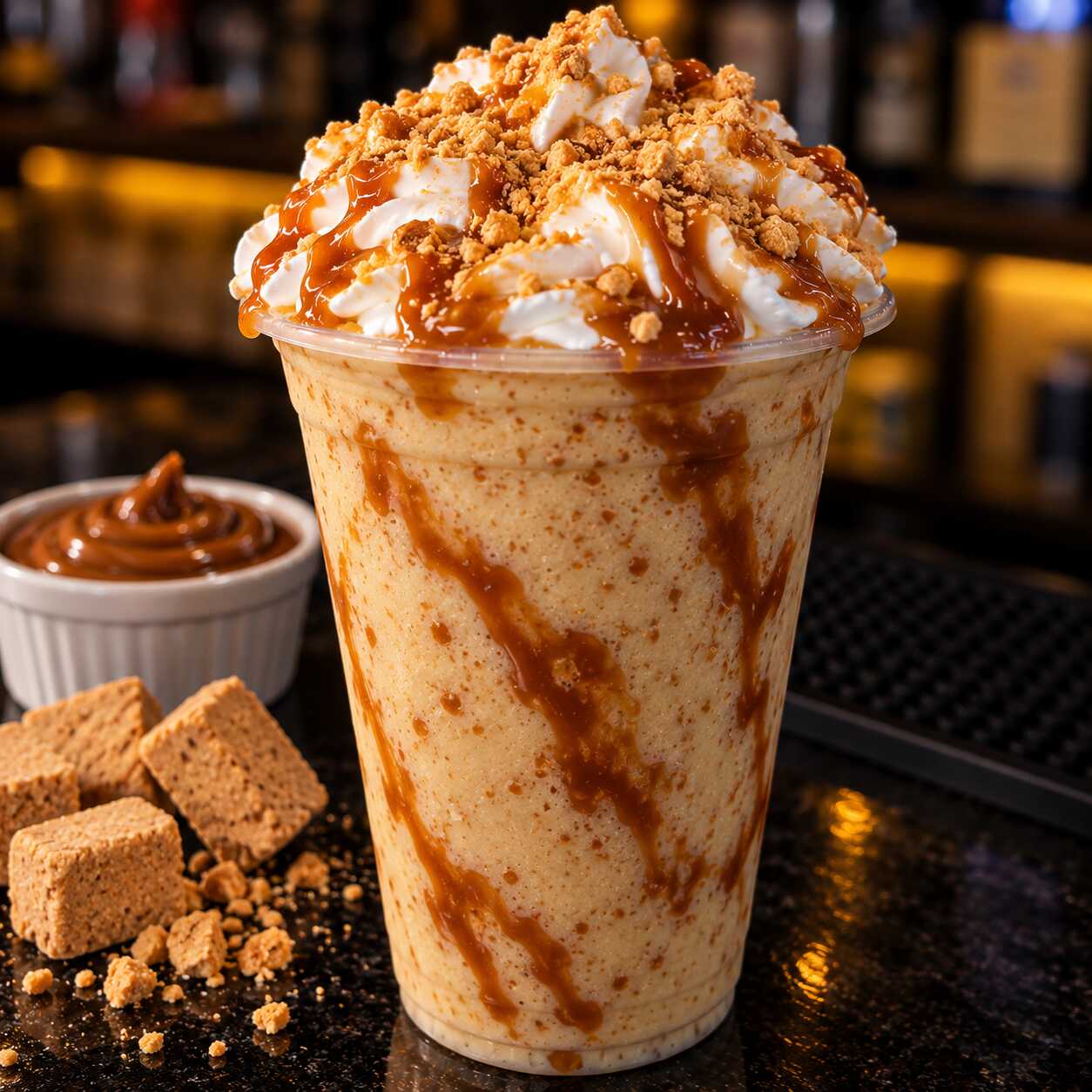 Nevada de Paçoca com Doce de Leite 700ml 🥜🤎❄️
Bebida alcoólica supergelada em textura de raspadinha, com o sabor marcante da paçoca combinado com a cremosidade irresistível do doce de leite. Servida no copão de 700ml, finalizada com chantilly, paçoca e doce de leite. Uma Nevada com gostinho de sobremesa, perfeita para quem ama uma bebida docinha e bem gelada!