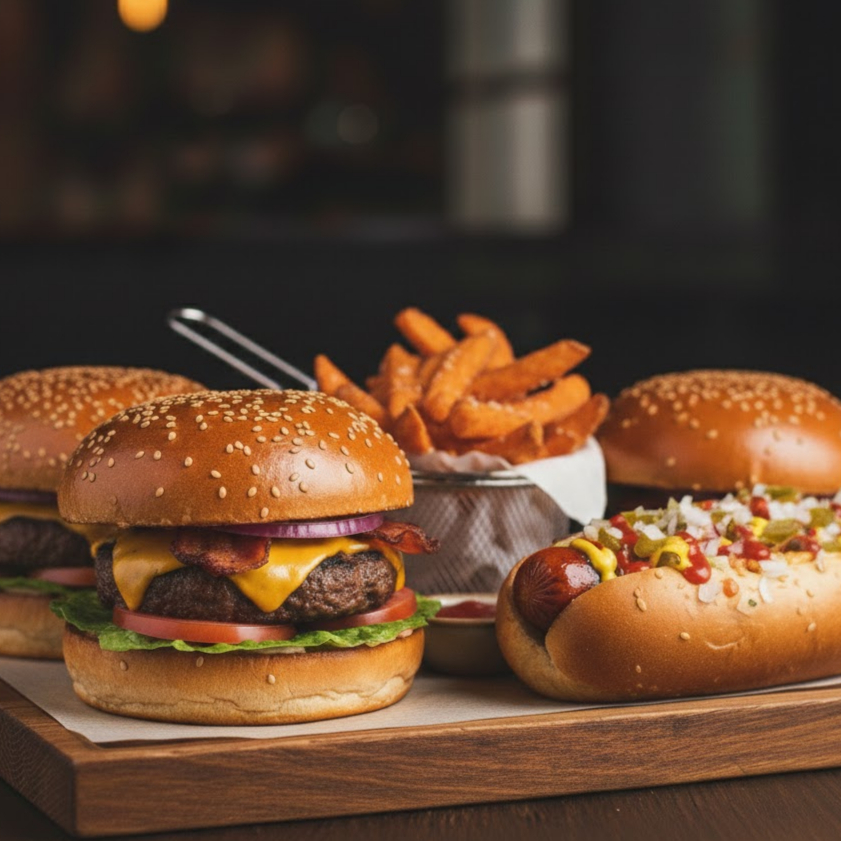 05 hambúrguer artesanal + 05 cachorro quente + porção de batata frita.