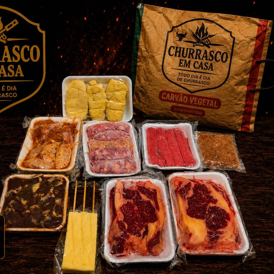 1Kg contra filé, 500g Asa Gourmet, 500g linguiça Toscana, 1 Bandeja Casadinho Mineiro, 1 Bandeja pão de alho, Carvão, sal e acendedor.