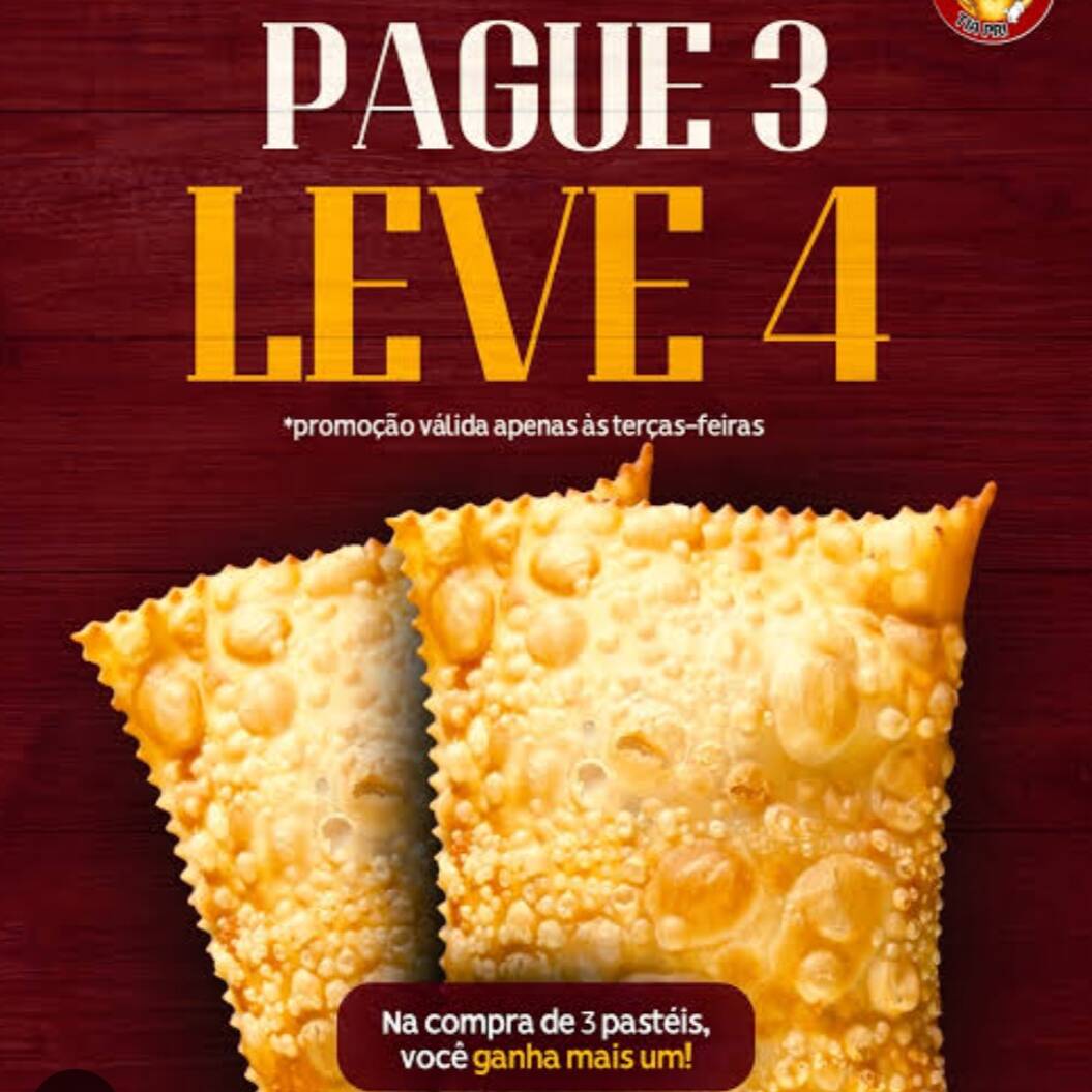 Na compra de 3 pastéis (sabor calabresa)ganha um pastel de frango ou calabresa de graça