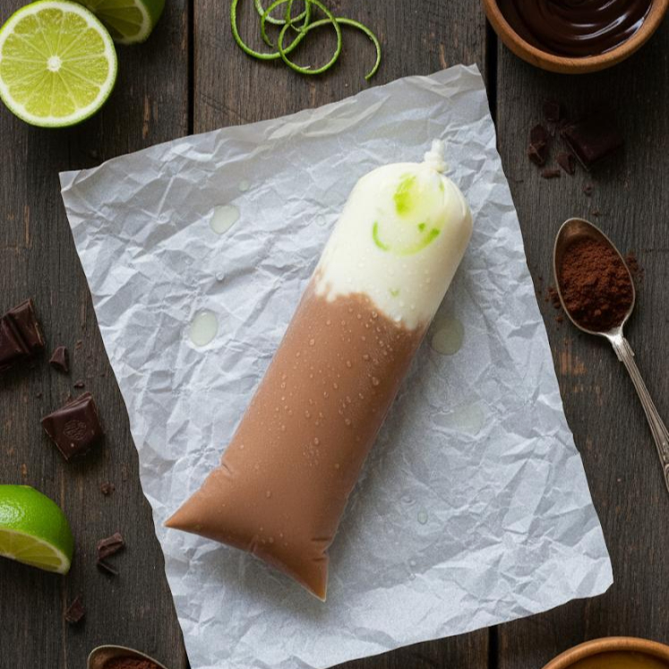 Geladinho de Mousse de Limão com casquinha de chocolate. Refrescante e cremoso, combina o azedinho do limão com a doçura do chocolate em uma mistura deliciosa e equilibrada. (aprox. 140g)