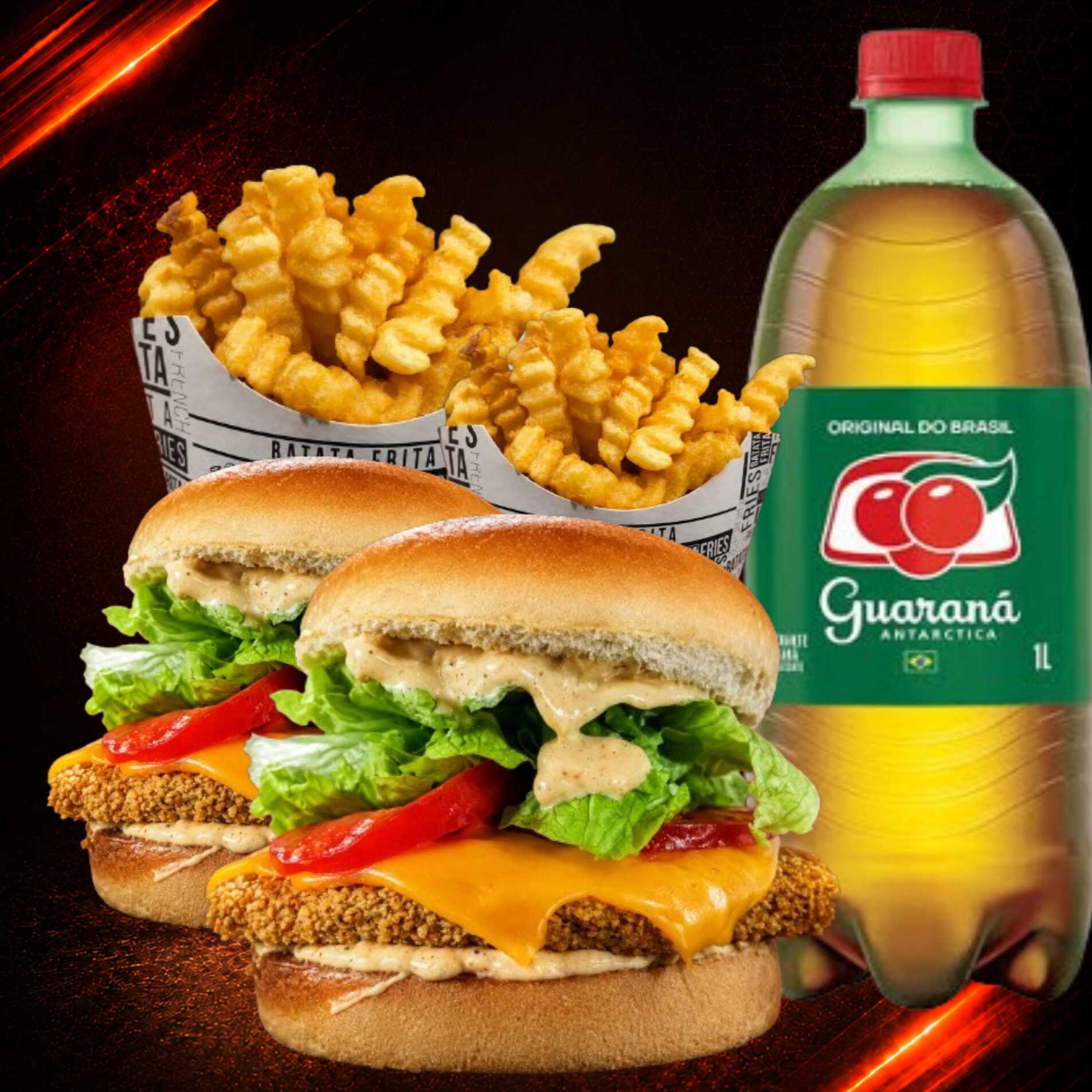 Acompanha 2 velox chicken, com duas batata crinckle 150g e guarana antartica 1l gelado.
Ingredientes do chicken: pao, molho especial velox, steak de frango, tomate, alface e molho especial velox novamente