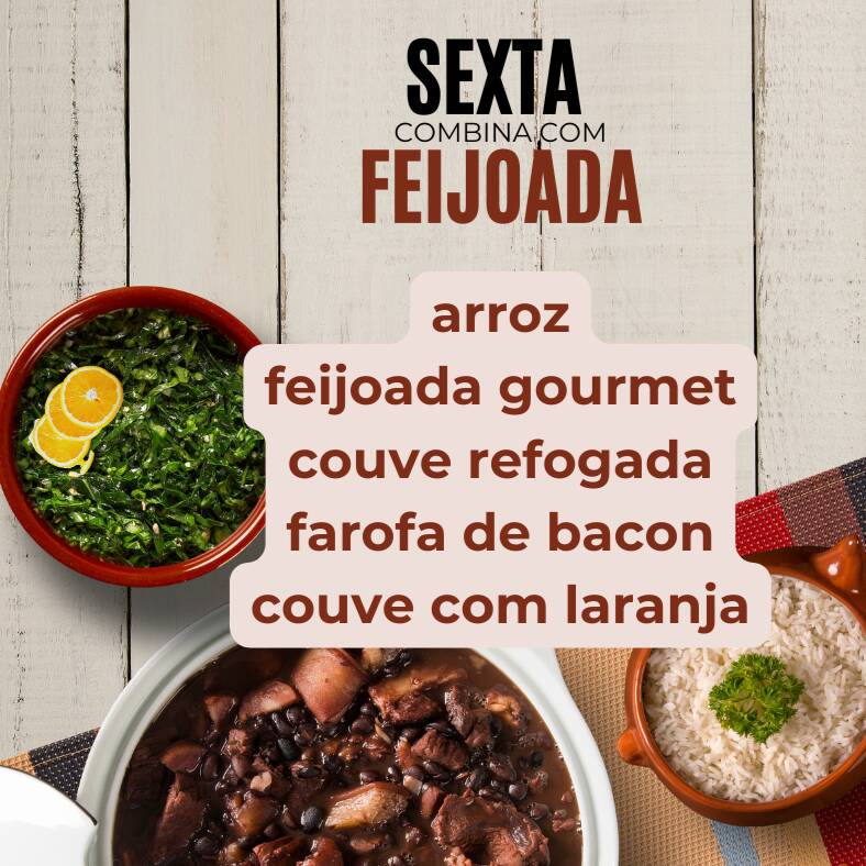 Saboreie uma deliciosa feijoada feita com costelinha suína, carne de sol bovina, linguiça calabresa, bacon, toucinho, pimenta bode, chimichurri e louro