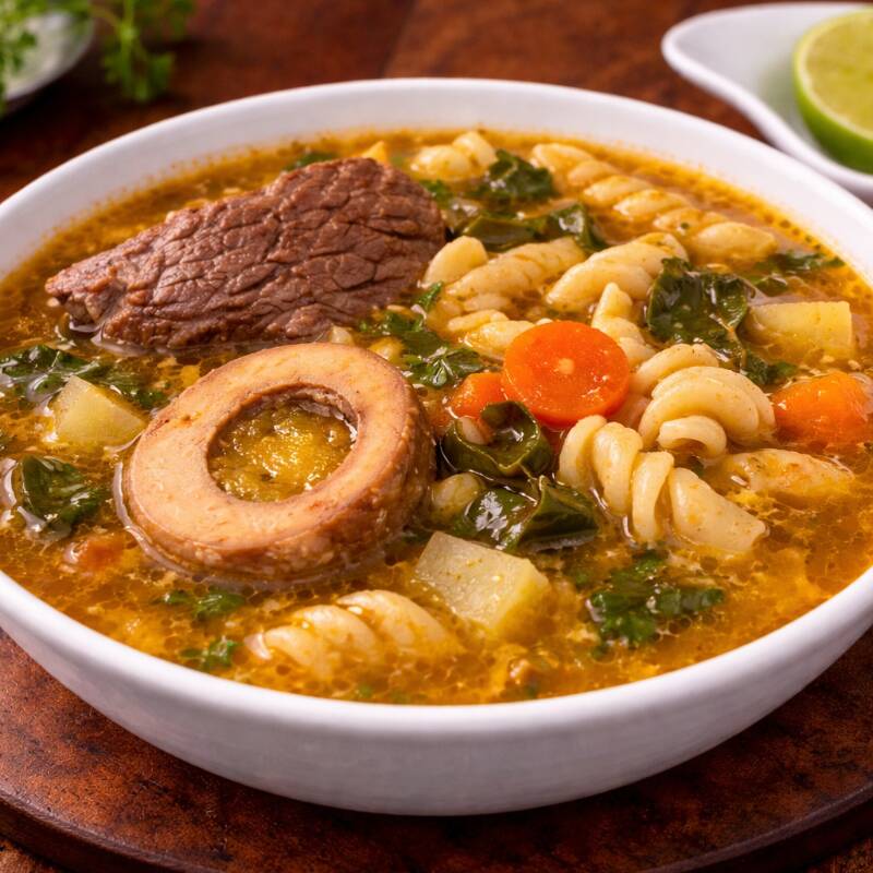 Carne, macarrão em parafuso, legumes e verduras. Torrada e tutano opcional. Porção de 500ml