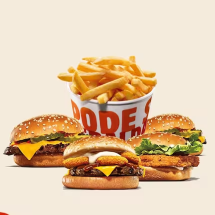 Escolha 4 sanduíches entre: Rodeio, Cheeseburger, Chicken Jr e Whopper Jr + Balde de Batata.