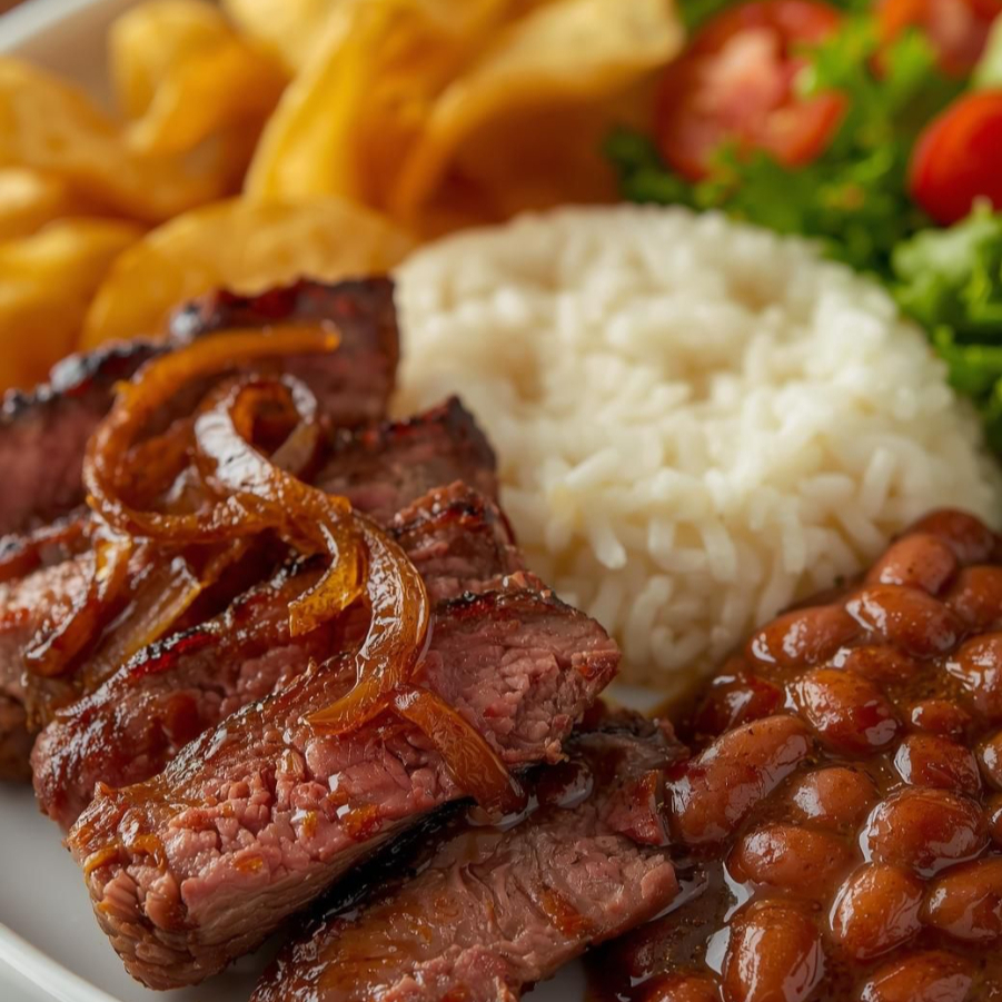 Duas marmitas medias de alcatra acebolada em tiras.