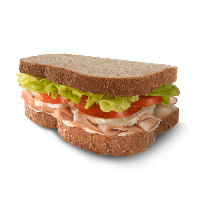 2 fatias de pão integral, peito de peru defumado, cream cheese, ricota, tomate e alface americana
