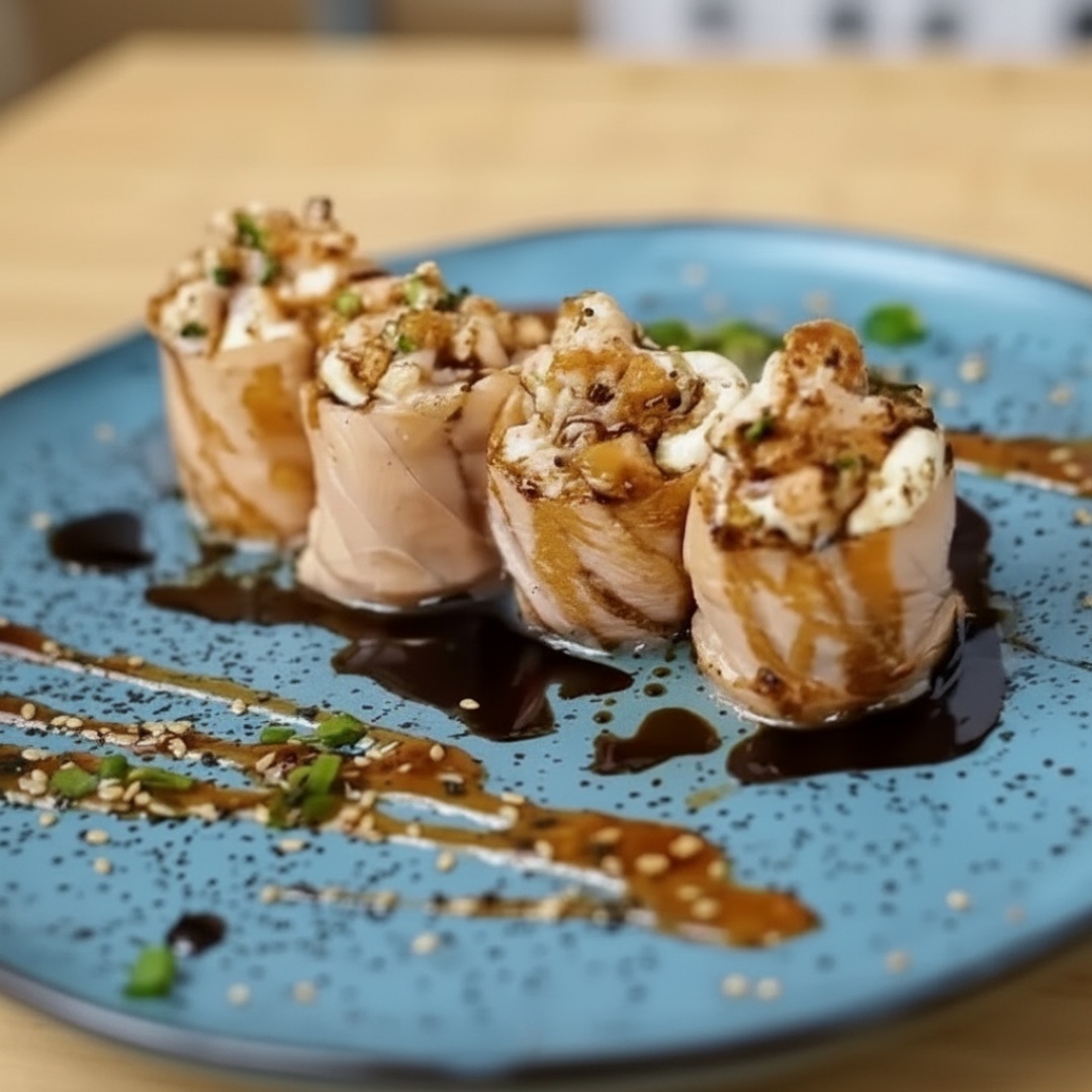Aprecie 4 unidades de cubos de salmão enrolados em tartar de salmão maçaricado, finalizado com cream cheese. *Atenção: Não enviamos (Shoyu,Teriaki, Porta Shoyu e Hashi)* Obs: Não fazemos modificação no Combo. _ _ #japonesa #chinesa #shoyo #salmão #camarão #suhi #yakisoba #temaki