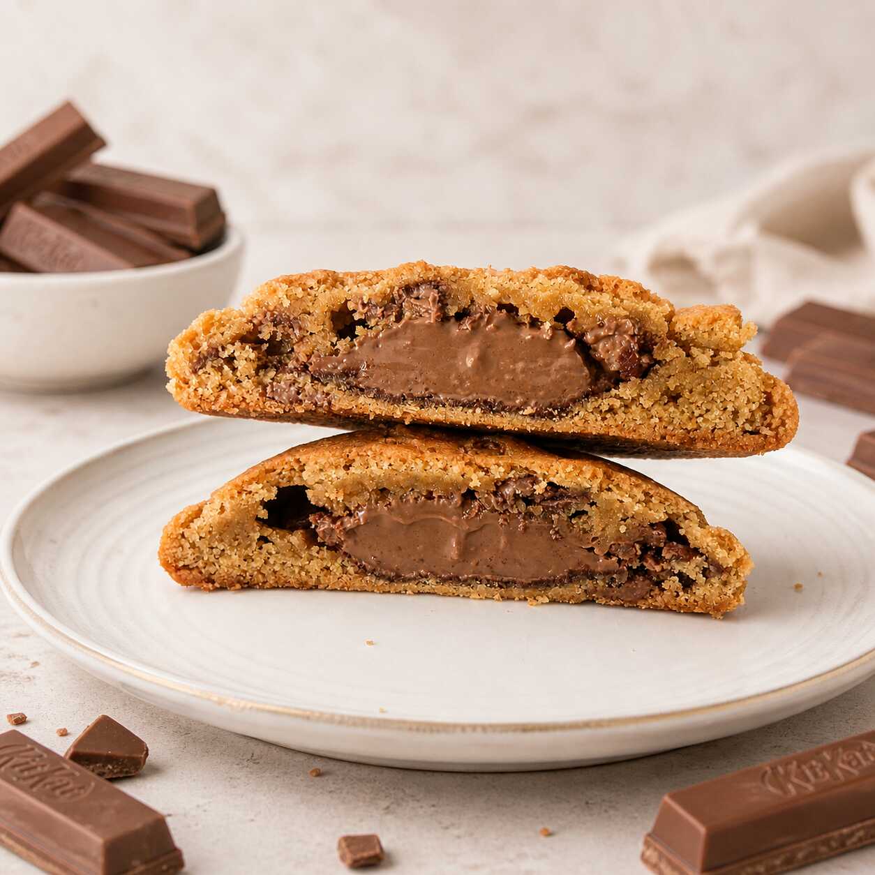 Nossa deliciosa massa tradicional com gotas de chocolate ao leite recheado com o creme original de kit kat