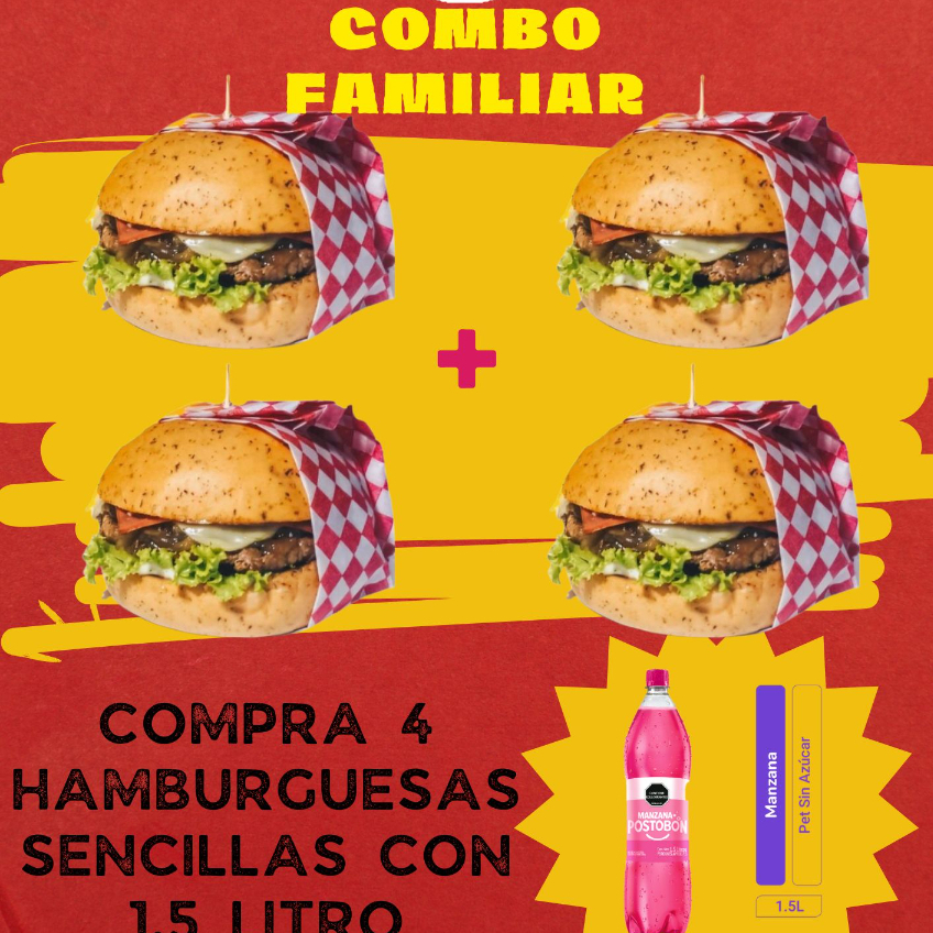 Familiar 4 Hamburguesas con Papas + Postobon 1.5Lt