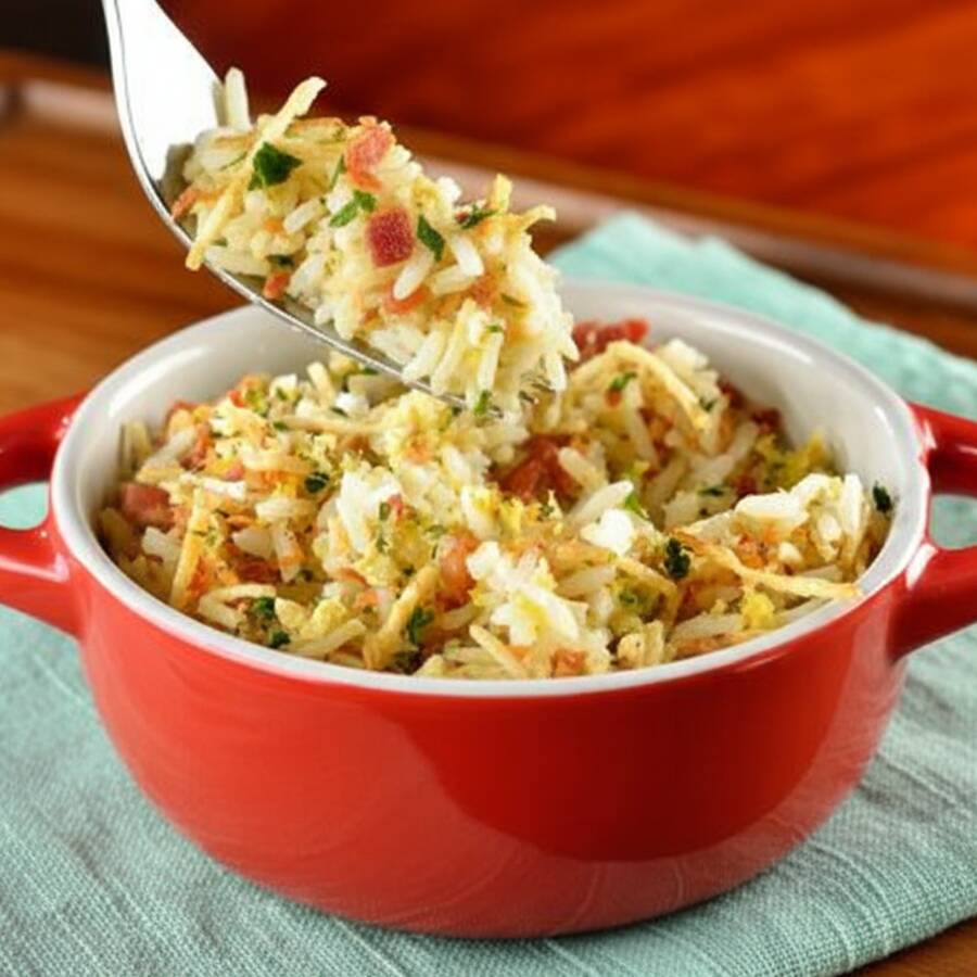Arroz com bacon, batata palha, ovo e salsinha.