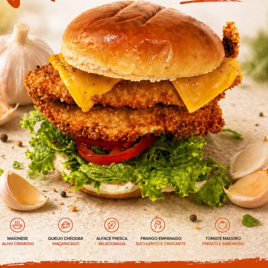 🍔🍟Tori Garlic Burger com maionese de alho cremoso, alface crocante e tomate fresco.
Burger de respeito: 2 filés de frango empanado, super crocantes e suculentos, com queijo cheddar derretido, alface crocante, tomate fresco e a nossa maionese de alho especial, tudo no pão de hambúrguer macio 😋
Acompanha porção individual de batata rústica, douradinha e cheia de sabor!
🔥 Combinação perfeita pra matar a fome de verdade
💥 Crocante, cremoso e simplesmente irresistível
😋 Uma experiência completa em cada mordida!