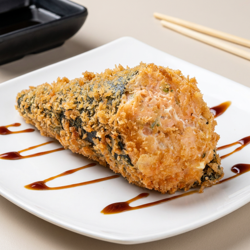 Desfrute do nosso 'Temaki Empanado de Salmão com Cream Cheese', uma requintada obra-prima culinária da categoria Temakis. Este prato possui um tamanho perfeitamente adequado para satisfazer seu paladar, recheado generosamente com suculento salmão cru de qualidade superior. Adicionamos uma dose generosa de cremoso e suave cream cheese para uma combinação irresistível. O conjunto é habilmente empanado e frito, resultando em uma textura crocante e dourada por fora, mantendo a suavidade interior. Um prato de dar água na boca que promete uma experiência gastronômica inesquecível.