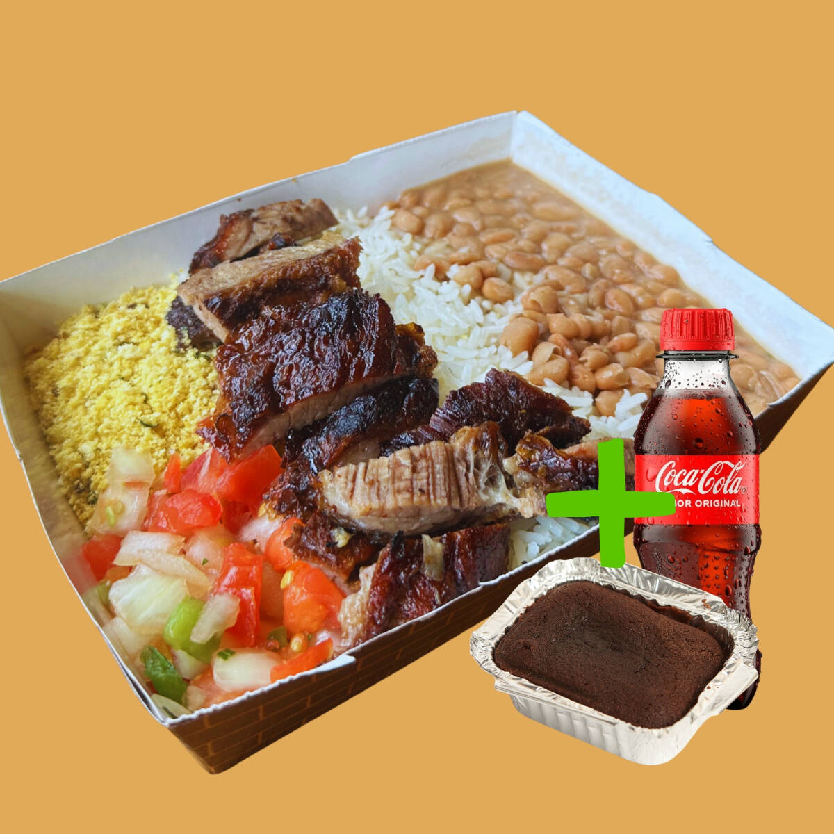 Fraldinha (120 g) assada na brasa, servida com arroz, feijão, vinagrete e farofa + Bebida 200ml + Sobremesa