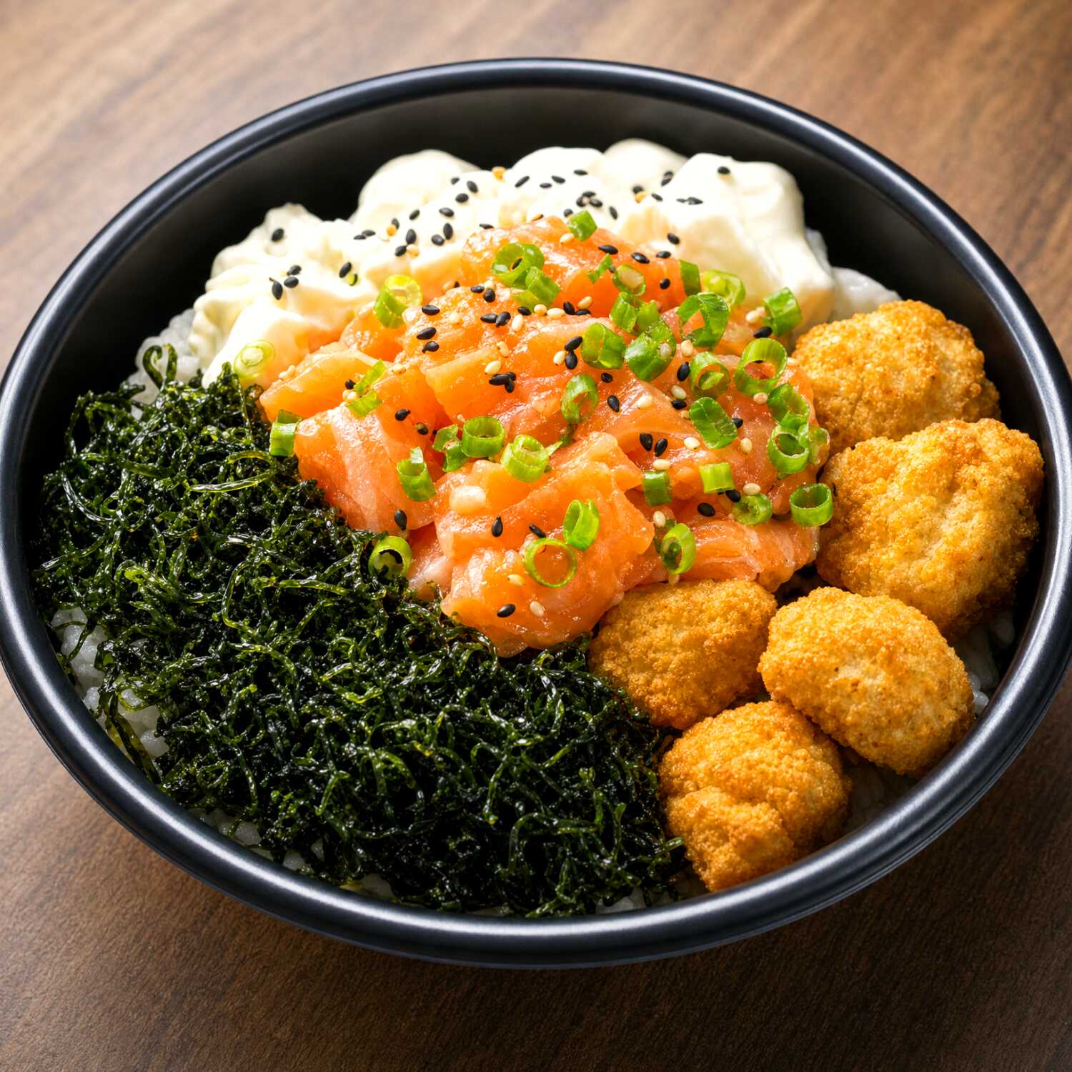 Arroz japonês, salmão em cubos, frango empanado, salada sunomono, cream cheese e crispy de couve.