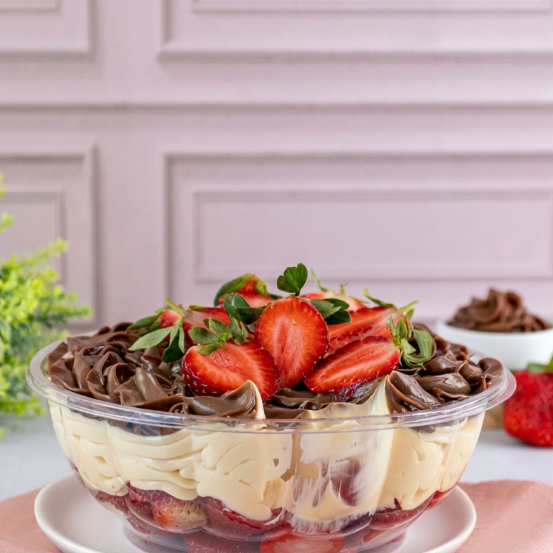 Morangos frescos,creme branco delicioso e suave e brigadeiro por cima