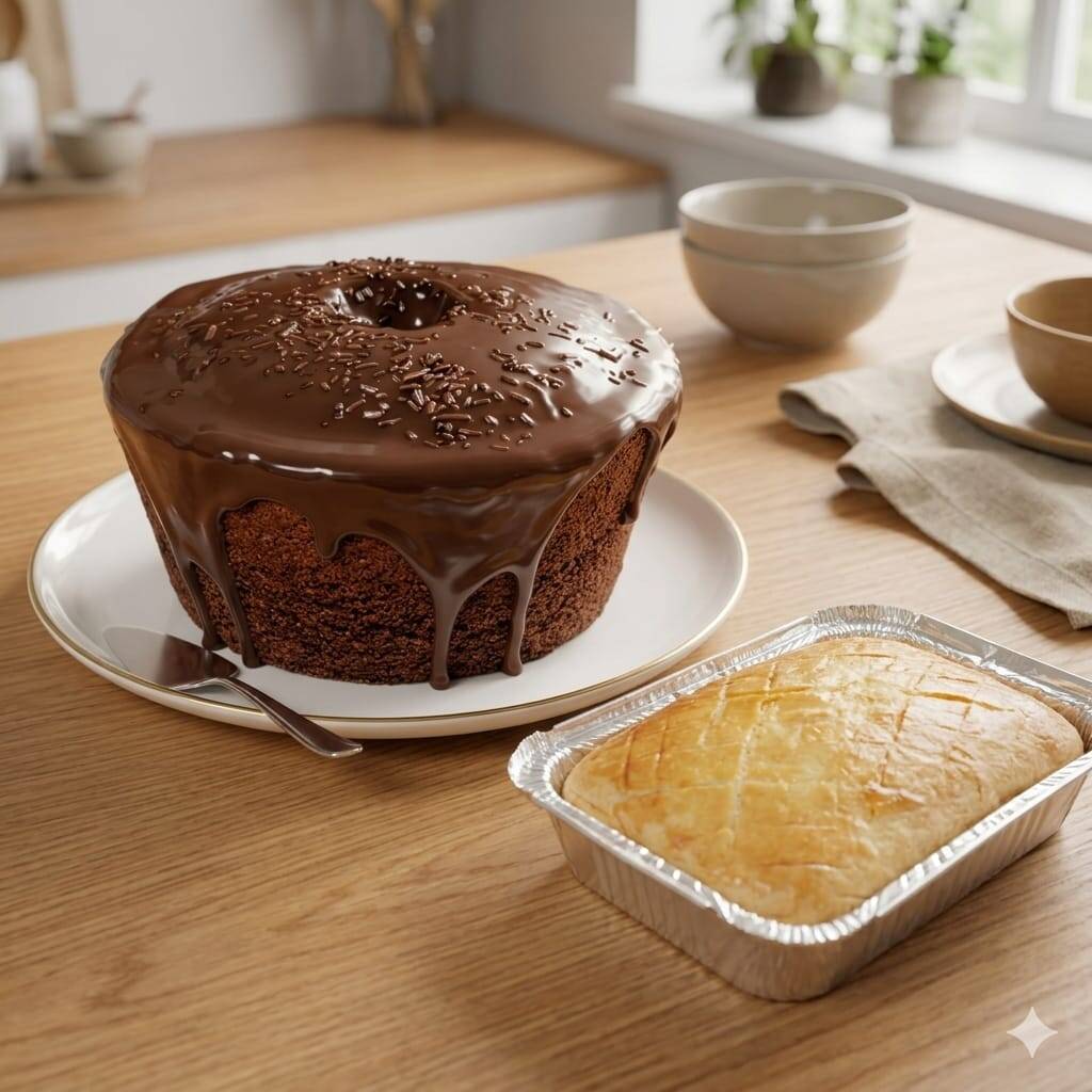 Uma combinação perfeita 1 Empadão de frango (500gr) e 1 Bolo de chocolate coberto com brigadeiro (aproximadamente 600gr)