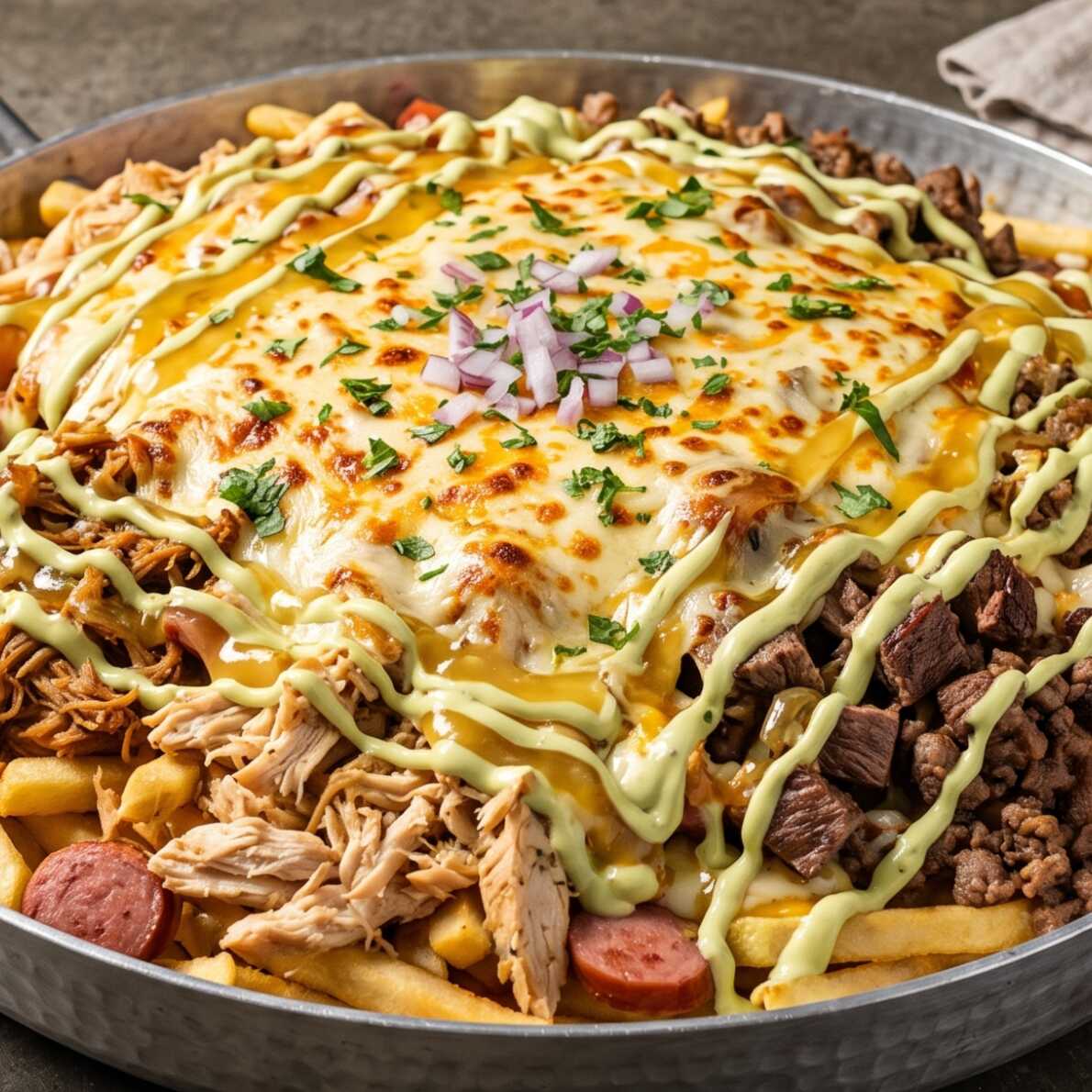 Mega Salchipapa 4 Carnes 4 Personas Gratinada 🙃🙃