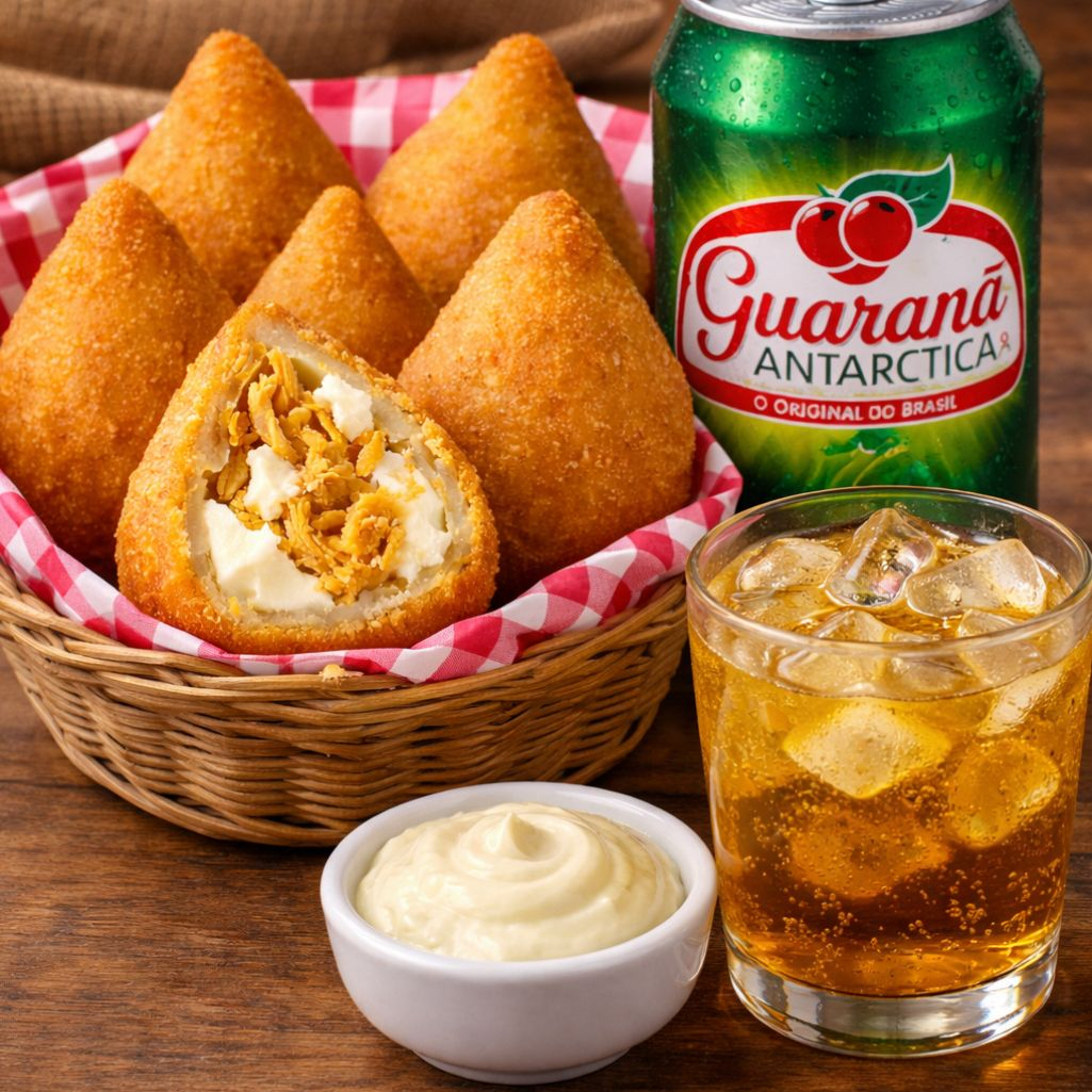 Que Tal uma Coxinha de frango dourada e crocante por fora, com recheio cremoso de frango desfiado e requeijão. Acompanha refrigerante em lata sabor guaraná, bem gelado. Uma combinação perfeita para matar a fome a qualquer hora do dia! 😋Coxinha de frango dourada e crocante por fora, com recheio cremoso de frango desfiado e requeijão. Acompanha refrigerante em lata sabor guaraná, bem gelado. Uma combinação perfeita para matar a fome a qualquer hora do dia! 😋