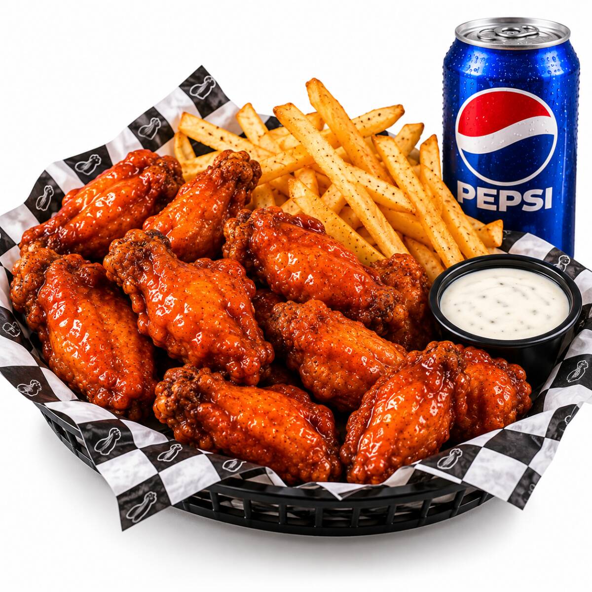 10 Alitas + 200gr de Papas + 1 Ranch + PEPSI