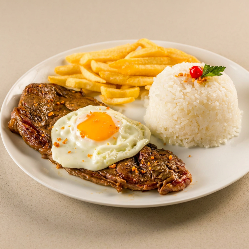 Contra filé a cavalo flambado ao molho shoyu.. Uma combinação de sabores incrível. explosão de sabores suculento e delicioso. Monte sua refeição e aprecie essa experiência.... *imagem ilustrativa*