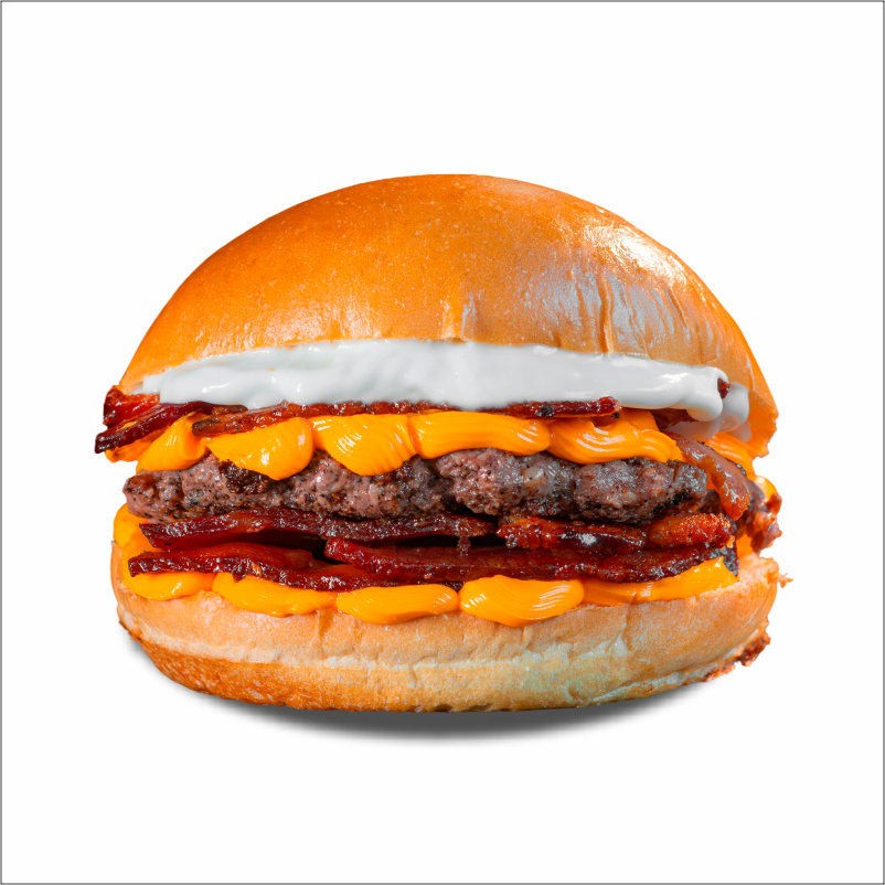 Pão de brioche, 2x bacon, 2x cheddar cremoso, maionese Hakuna e burguer smash 70g.
