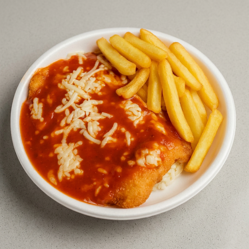 Marmita com generosa porção de frango à parmegiana, fritas, arroz e feijão.