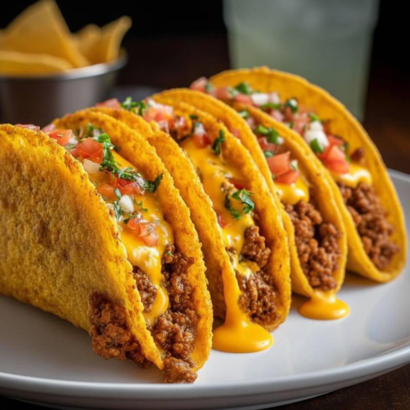 4 deliciosos tacos crocantes com 2 sabores. Escolha a proteína: carne ou frango e envie na observação.