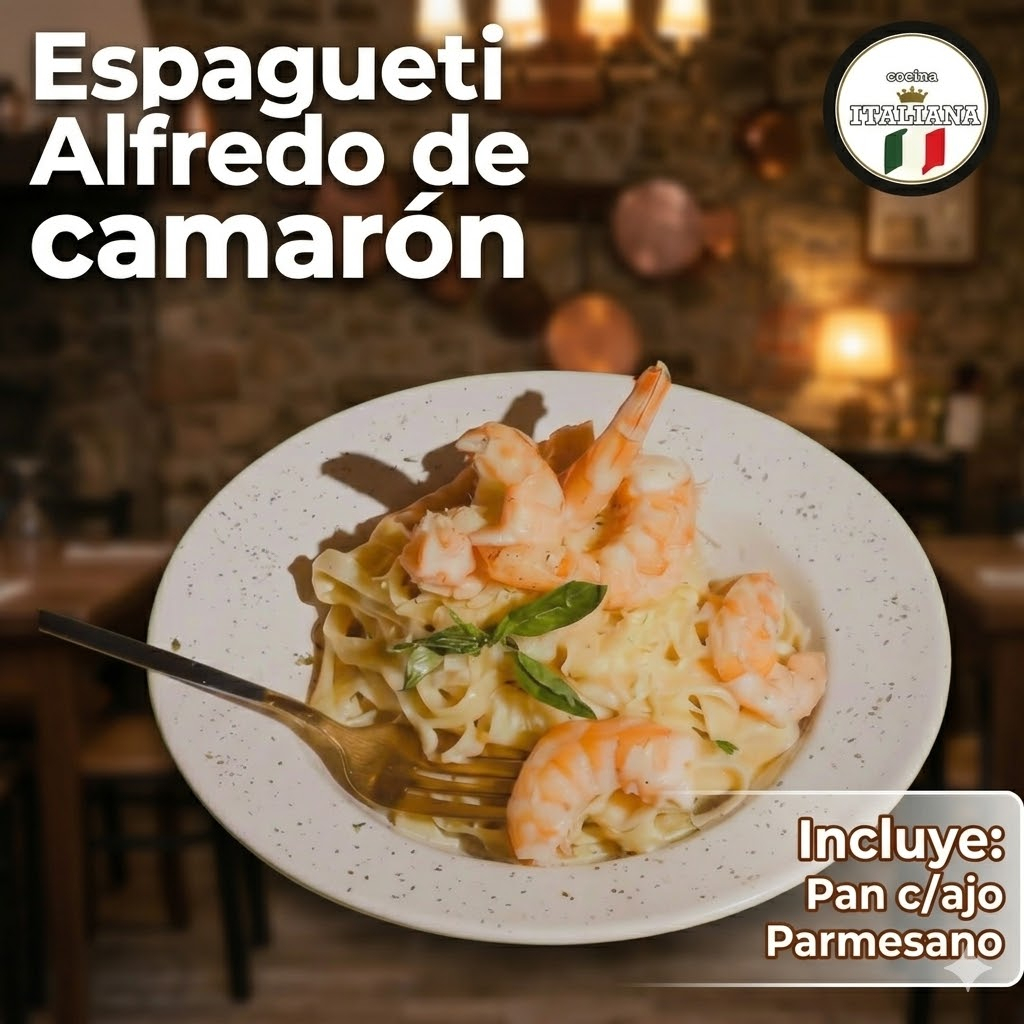 Espagueti Alfredo con Camarón