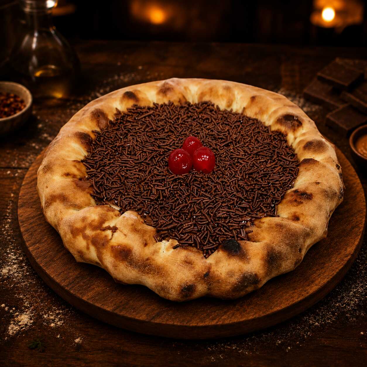 Massa artesanal da casa, chocolate ao leite derretido, granulado e cerejas.