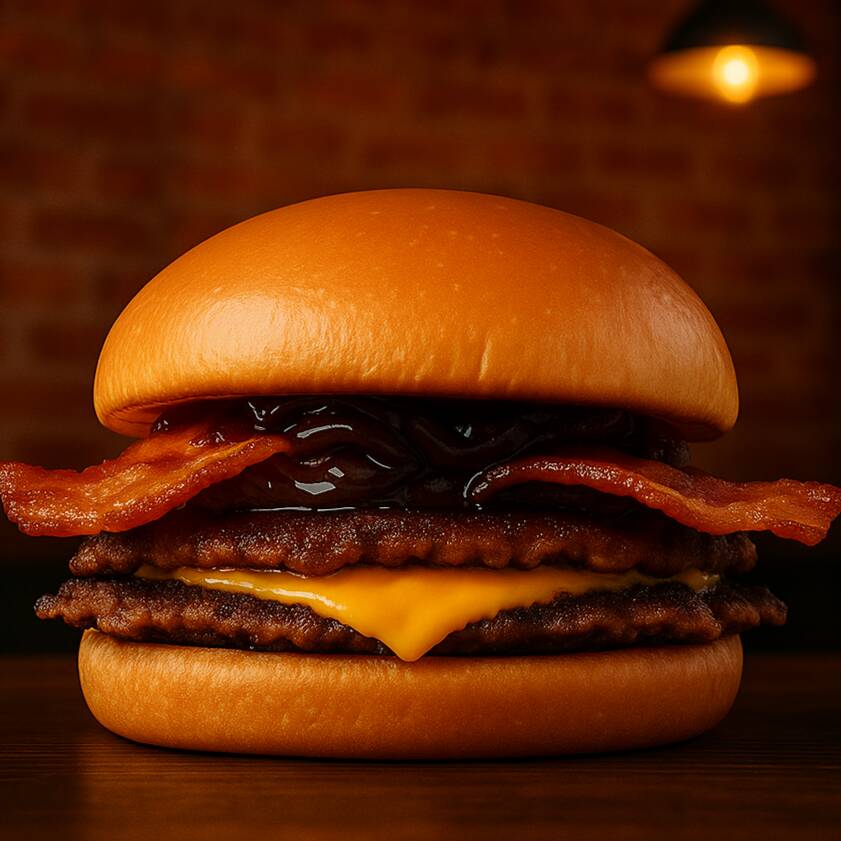 Pão de brioche, 2 hambúrguer artesanal Bovino de 70gramas smash, bacon crocante, cebola caramelizada, queijo cheddar, maionese artesanal defumada. Lanche preparado na hora do seu pedido. Ideal para 1 pessoa.