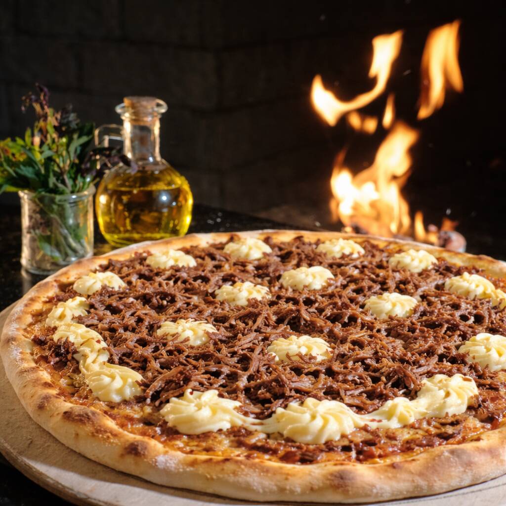 Massa fina de longa fermentação, mozzarella, molho da casa, pernil desfiado , cream cheese , orégano e azeitona